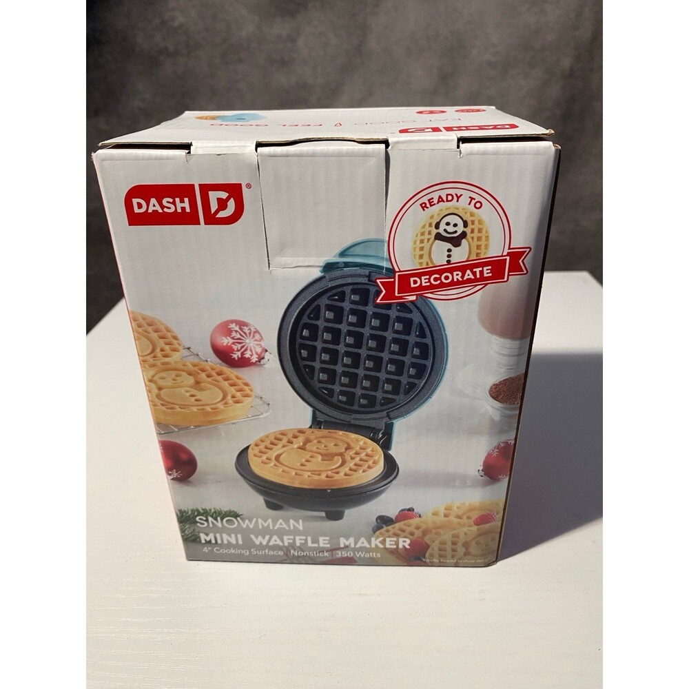 Dash Snowman Mini Waffle Maker Aqua Blue Non-Stick 4" Electric Waffle Iron NIB